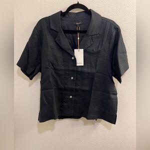 NWT Quince Womens Large Black 100% European Linen Short Sleeve Top